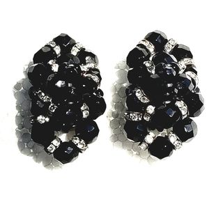 Vintage Jet Black Bead Clip Earrings
